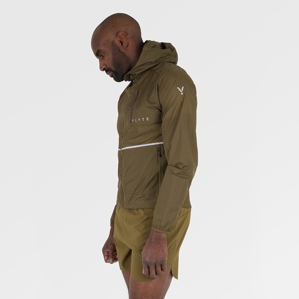 Mens Finch Windproof Packable Hooded Running Jacket (Khaki)