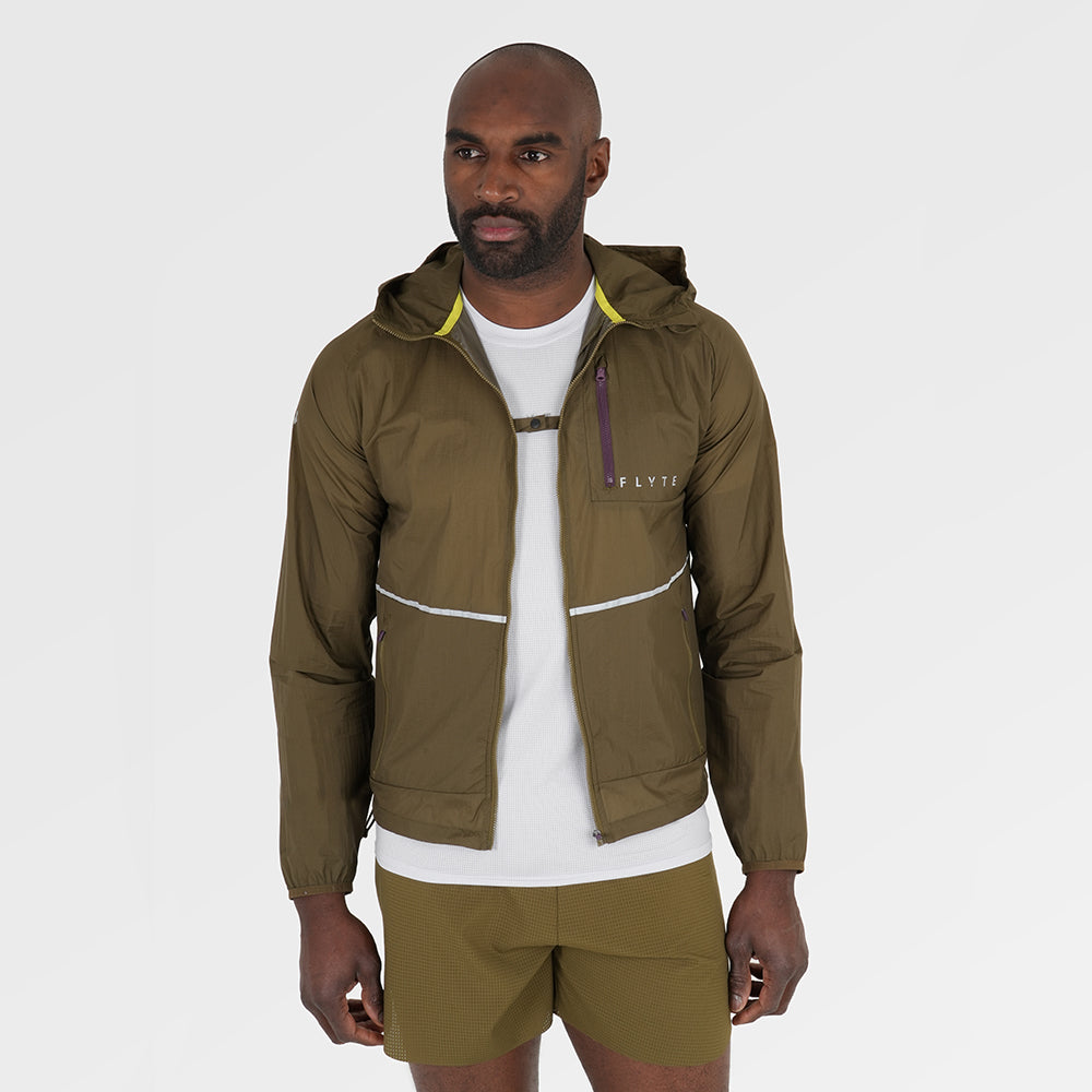 Mens Finch Windproof Packable Hooded Running Jacket (Khaki)