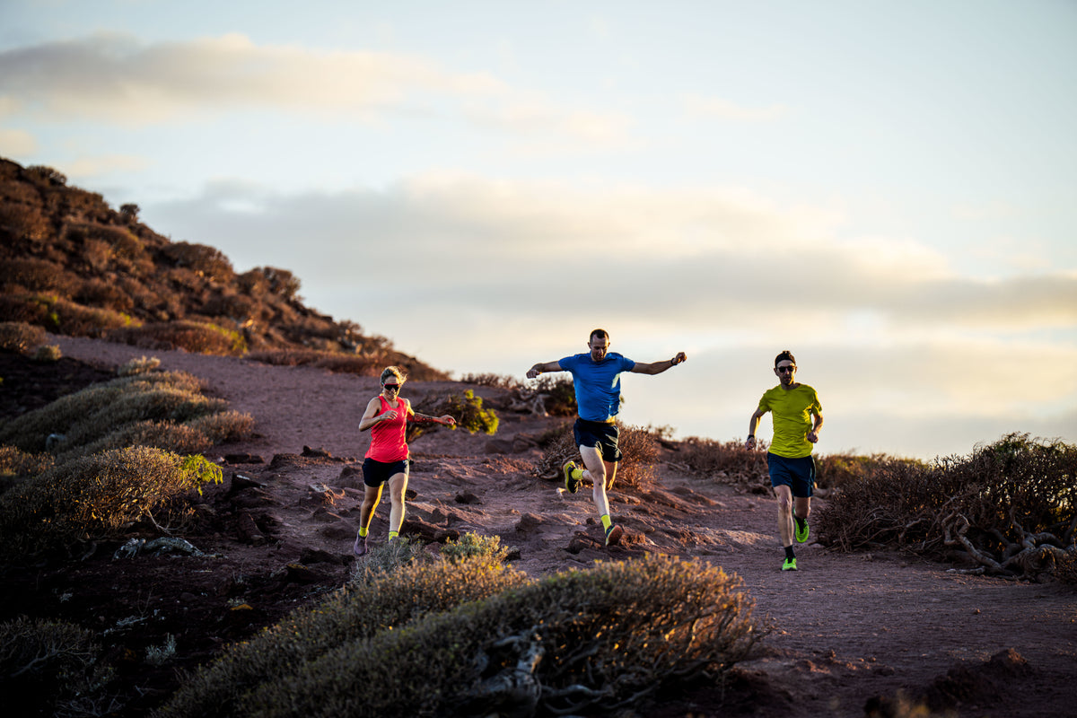 Three runners on a trail running through a desert landscape with a sunset sky