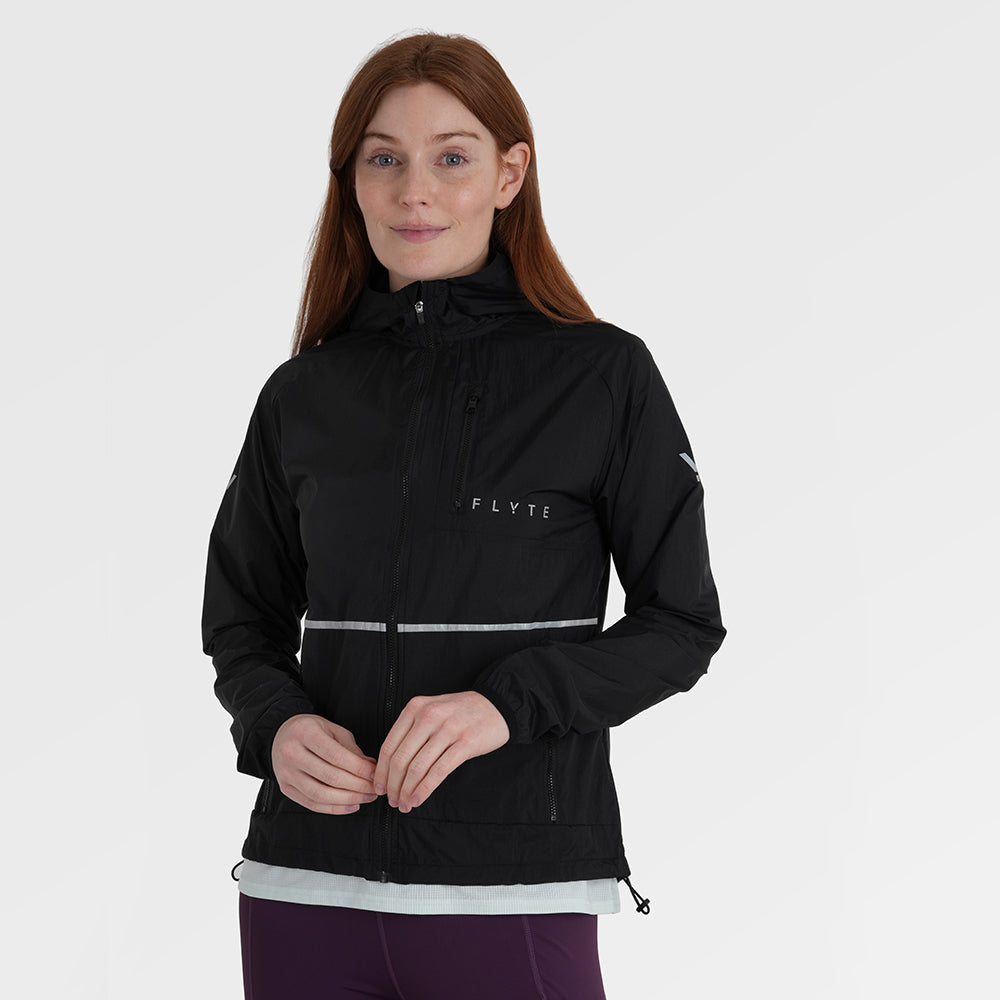 Womens Finch Windproof Packable Hooded Running Jacket (Black)